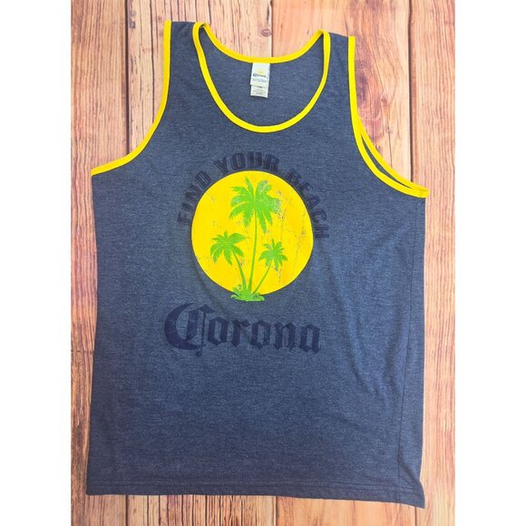 Corona Mens Graphic Tank Top Find Your Beach Design Navy Yellow Trim Size Large - Picture 5 of 6
